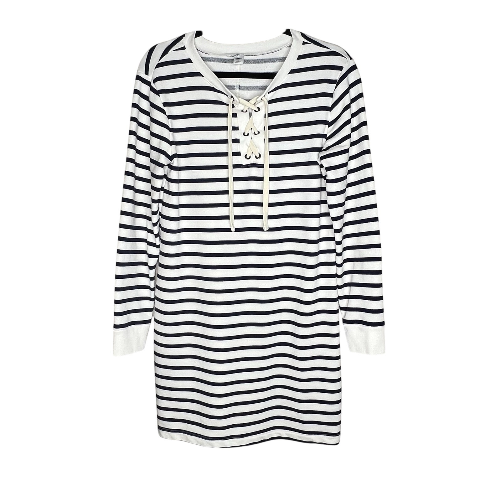 Old Navy Striped Lace-Up Sweatshirt Dress M Navy Cream Sailor Nautical Academia